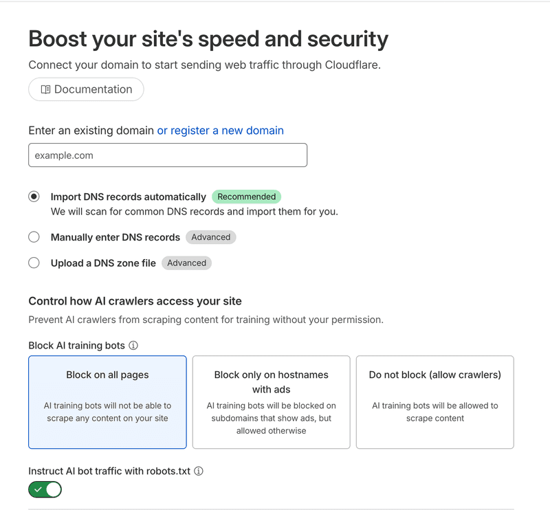 Cloudflare 도메인 연결 시작 화면