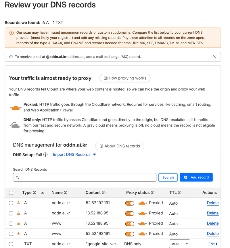 Cloudflare DNS 레코드 import 검토 화면