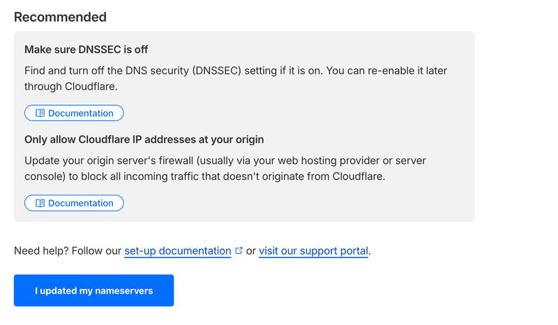 Cloudflare nameserver 변경 확인 버튼